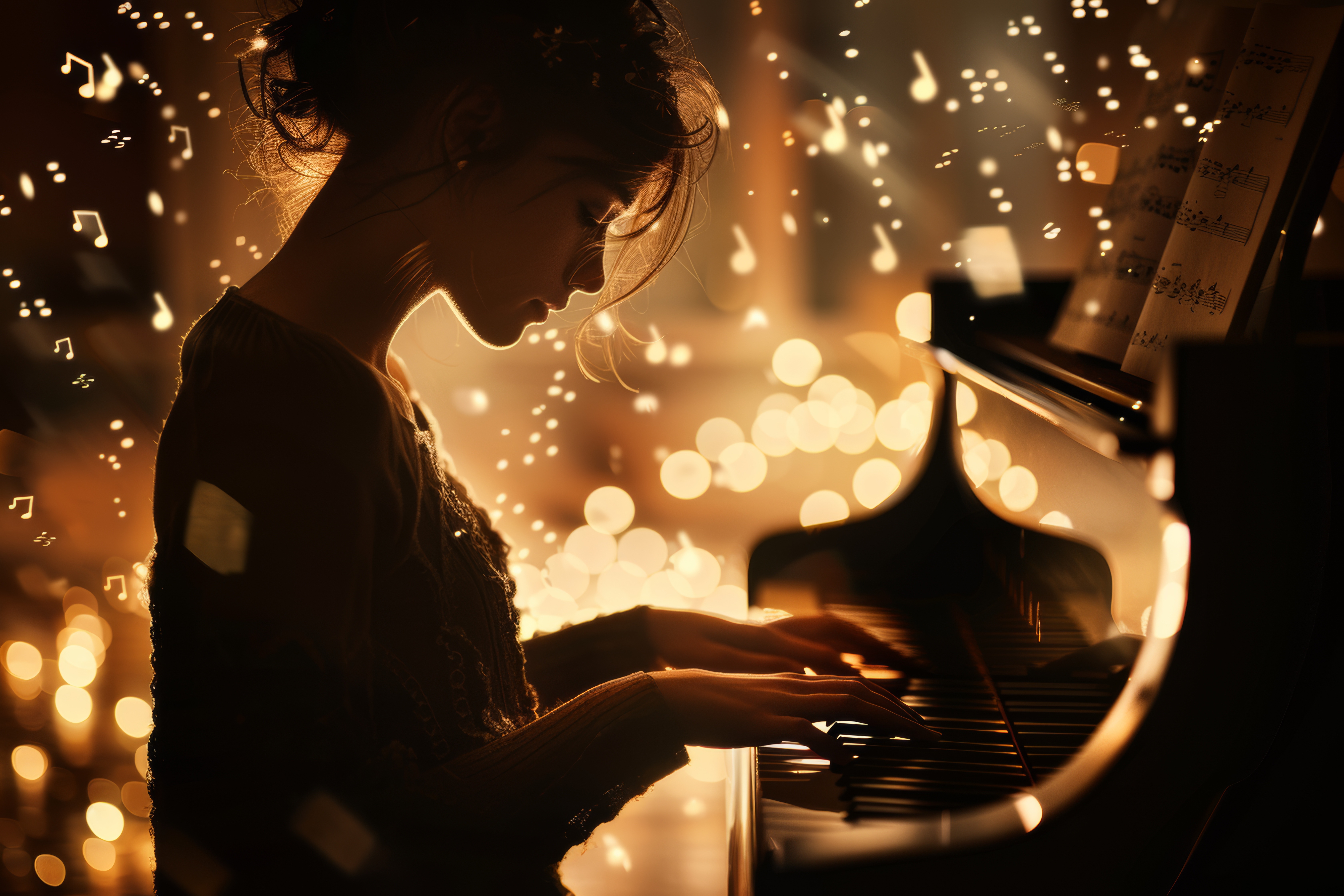 girl playing piano with decorative musical symbols floating around in the air
