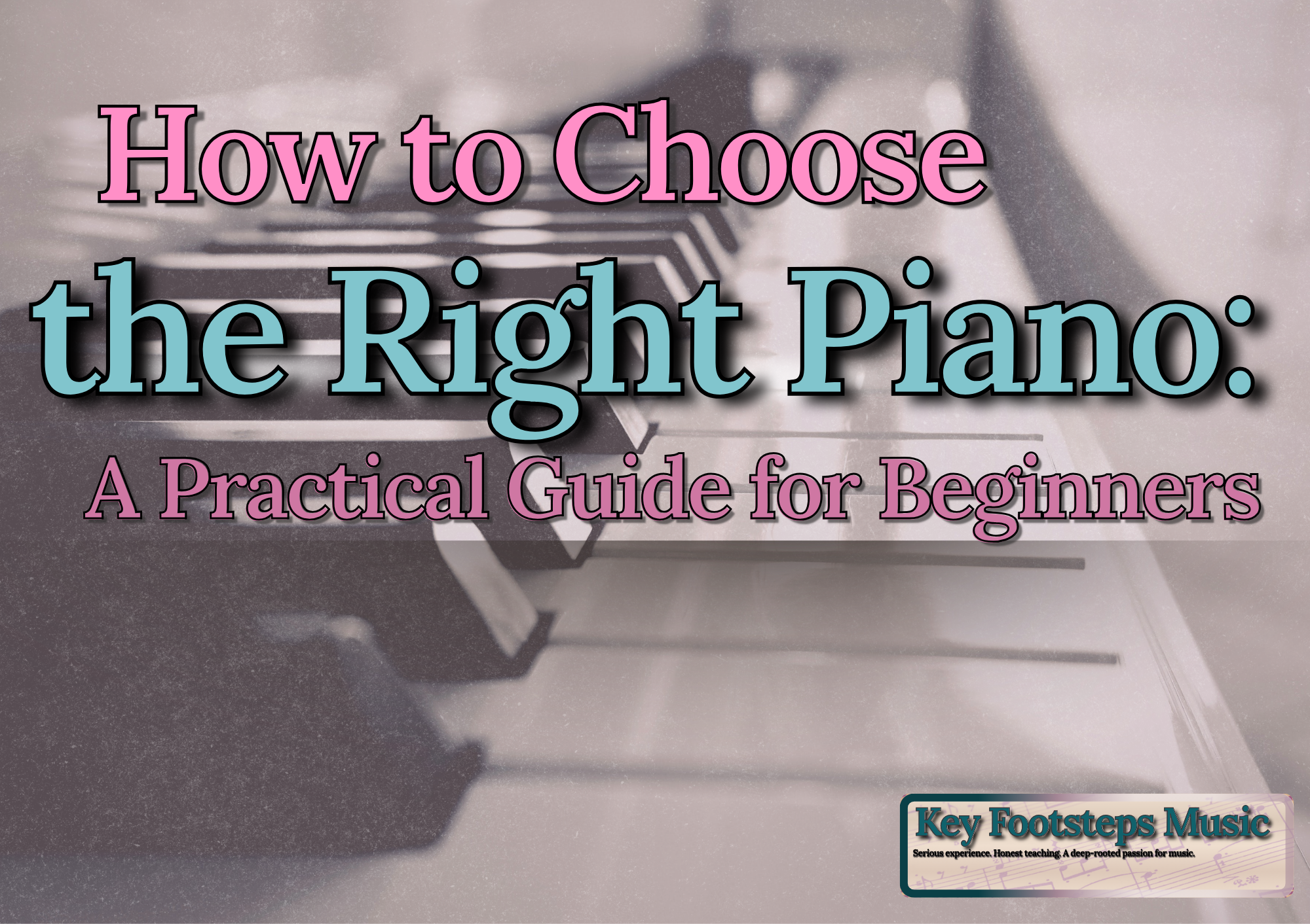 closeup of piano keyboard with text "How to Choose the Right Piano: A Practical Guide for Beginners"