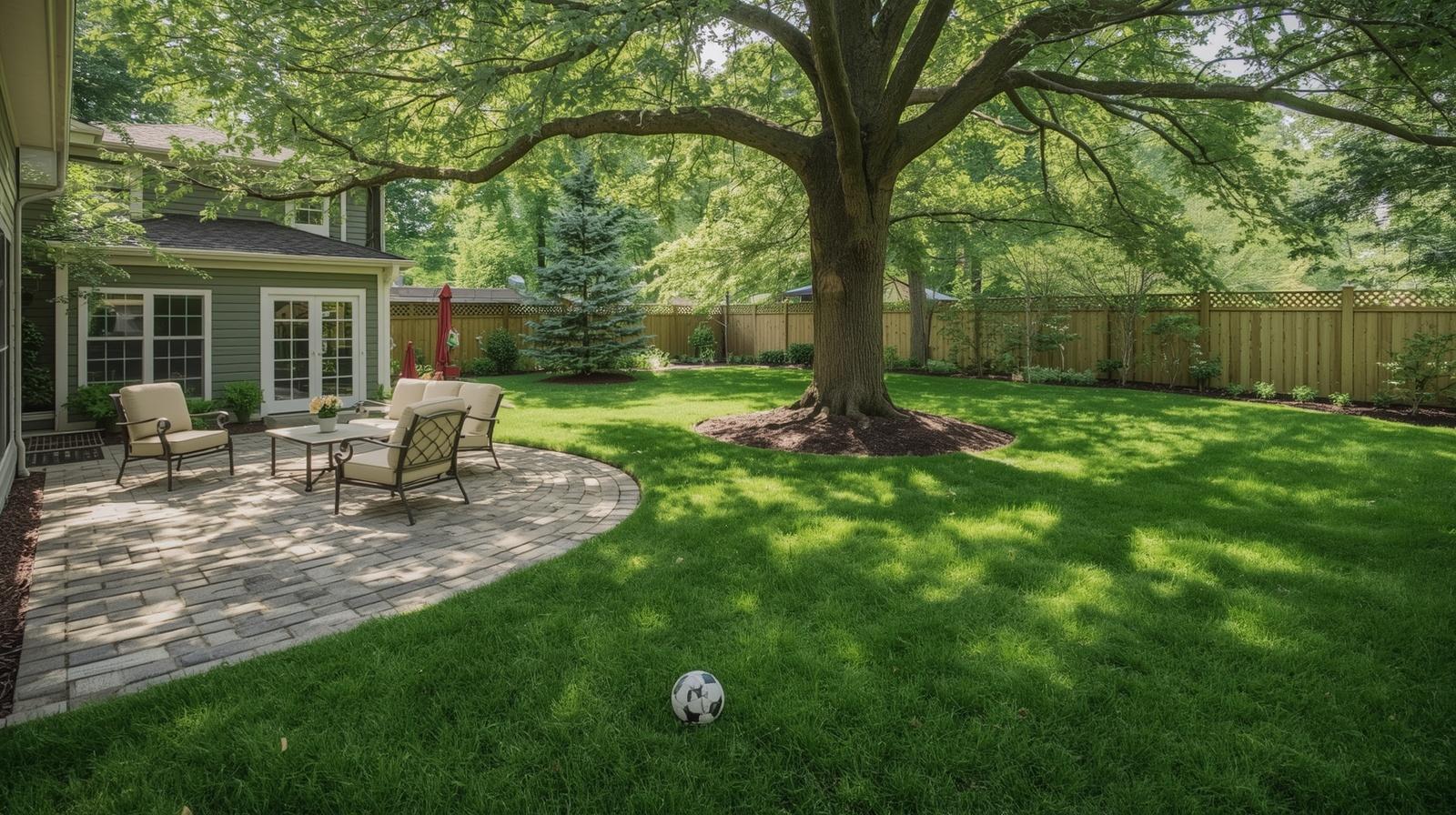 a backyard with a large tree and a patio, and a soccer ball sitting on the yard