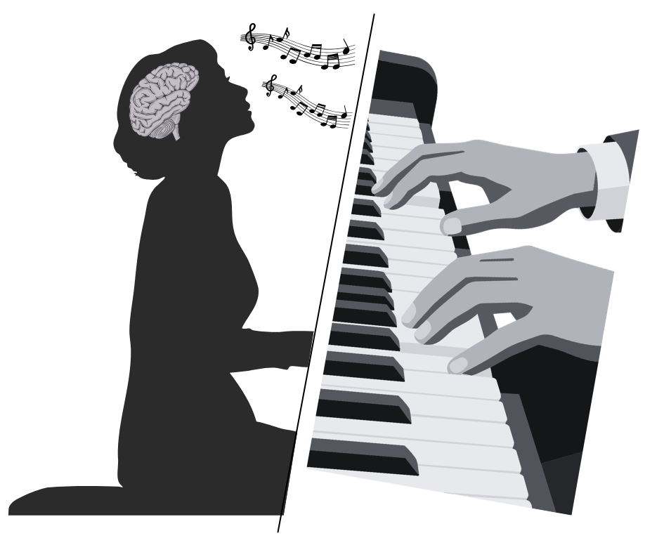 Illustration of a person hearing music internally, with notes near the head, alongside hands playing piano keys.