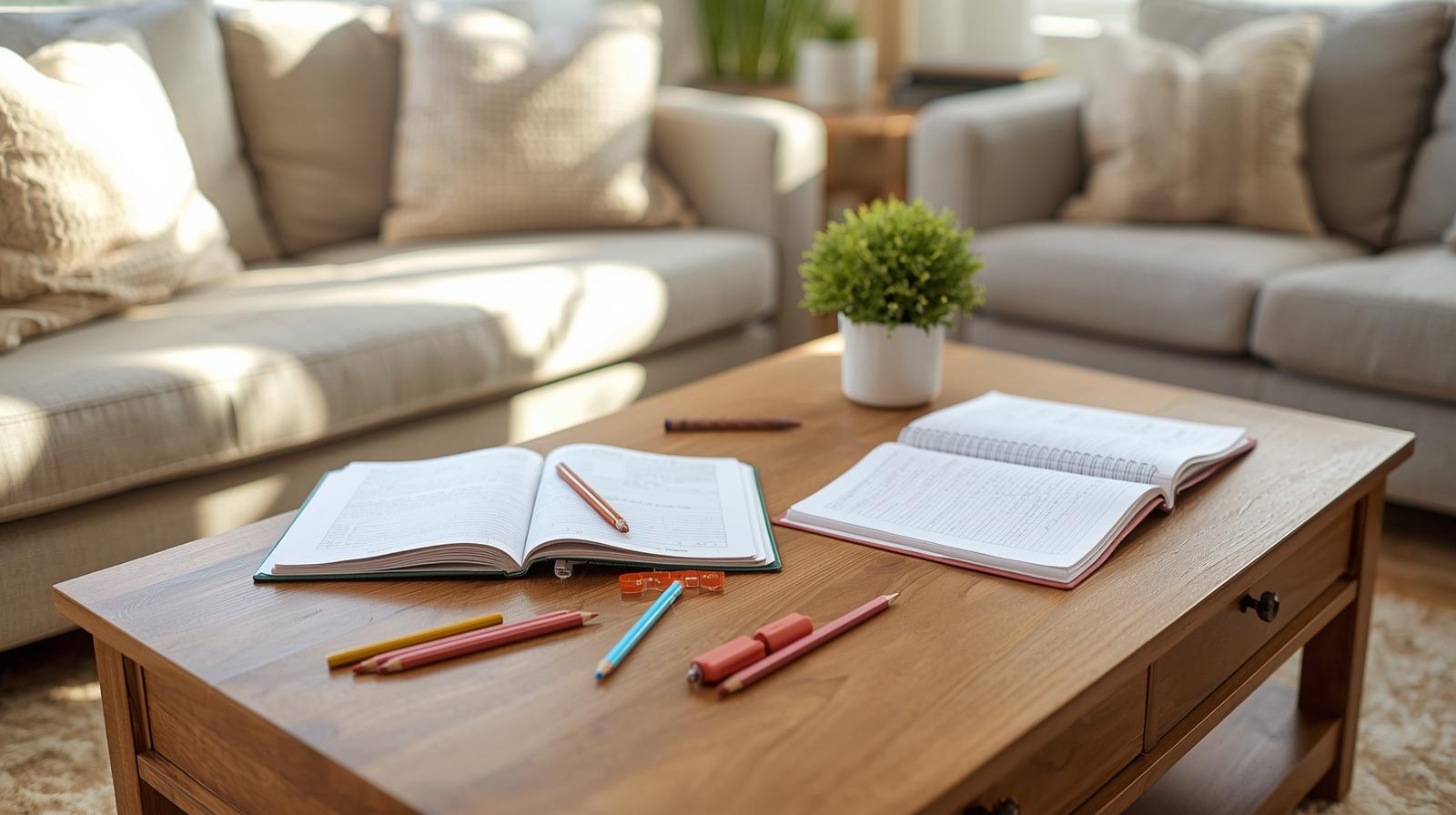 image of living room with books and stationery on the coffee table