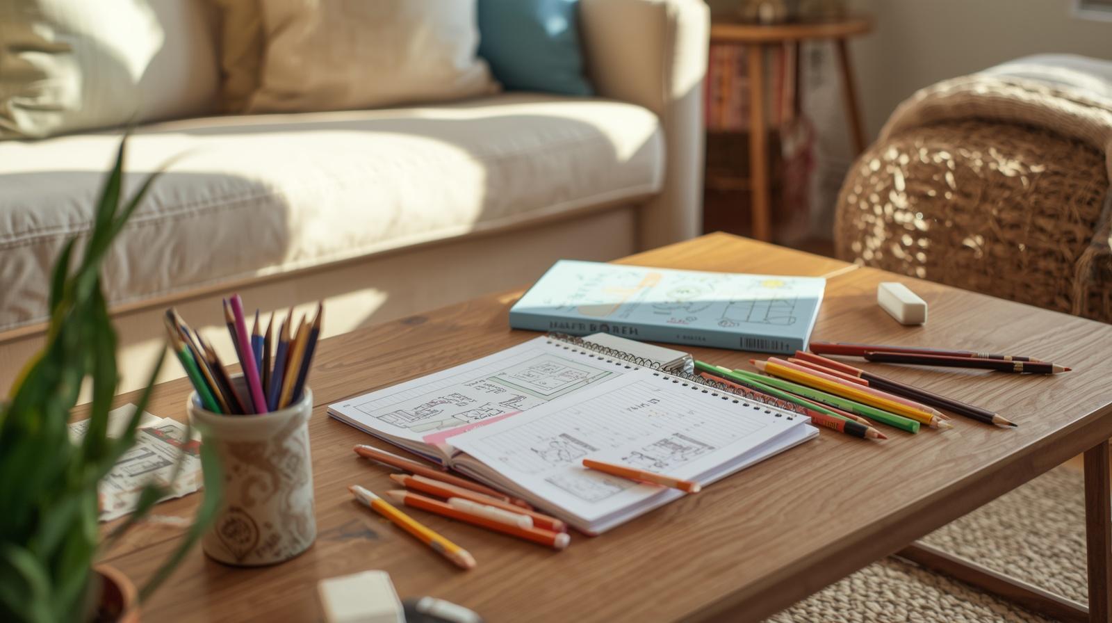 family living room with a coffee table and sofa. on the table are books and stationery