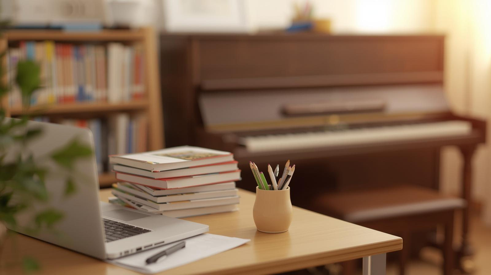 a wooden table with books and stationery and a blurry piano in the background