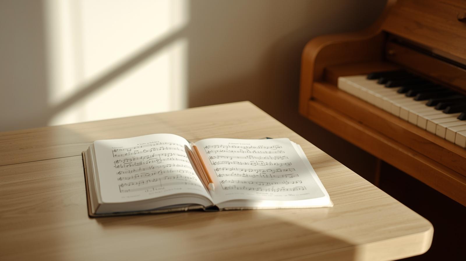image of desk, with an open notebook, and the corner of a piano