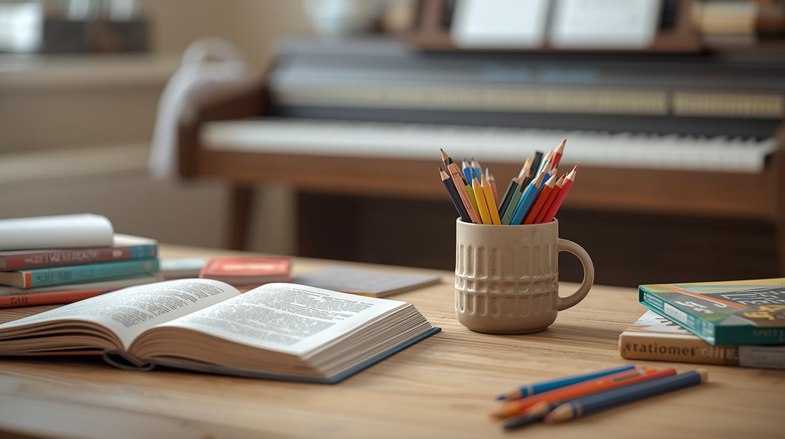 a child's desk showing text books and a cup of coloured pencils, with an out of focus piano in the background