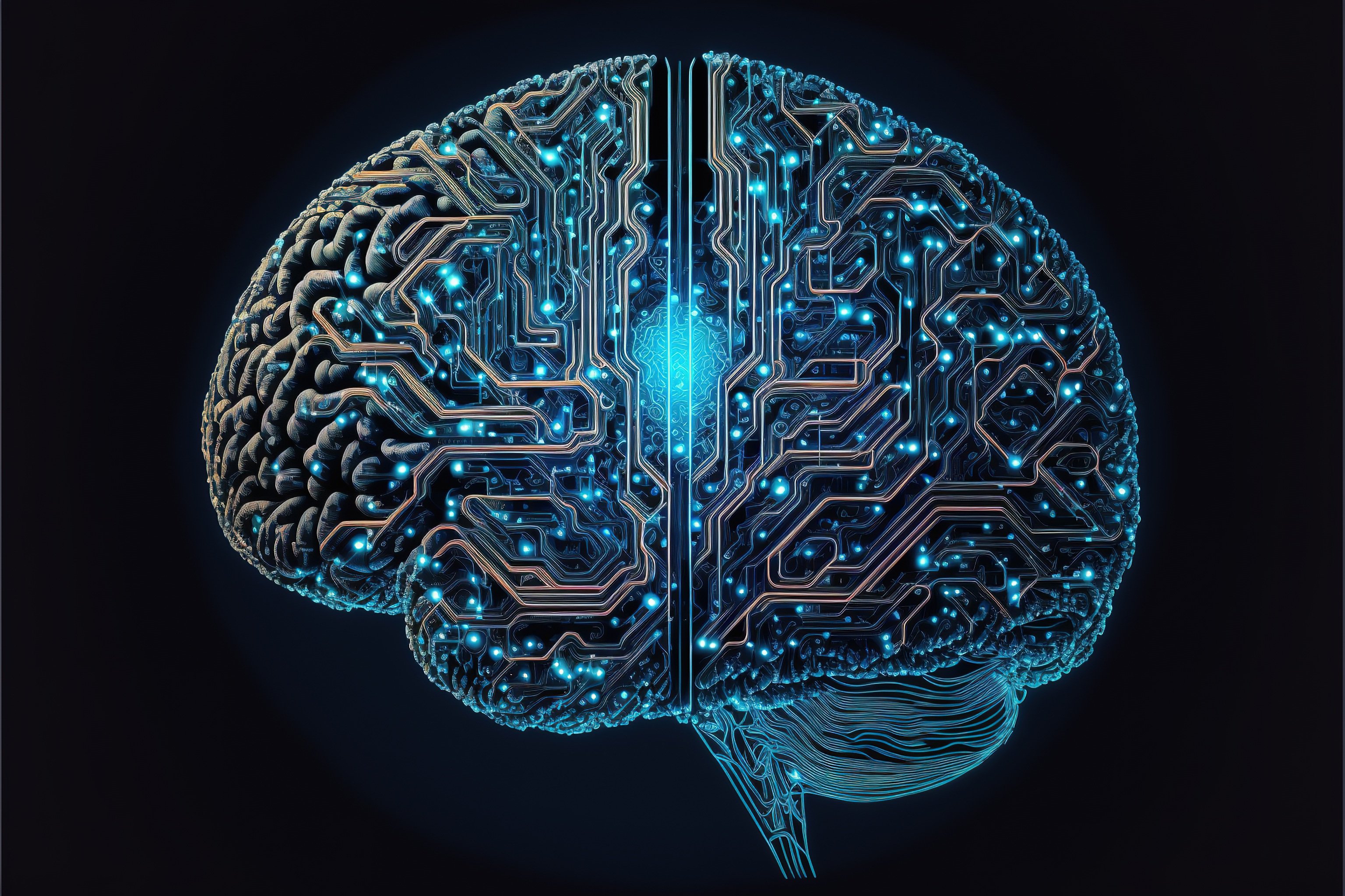 digitized image of a brain. neon colours with a black background