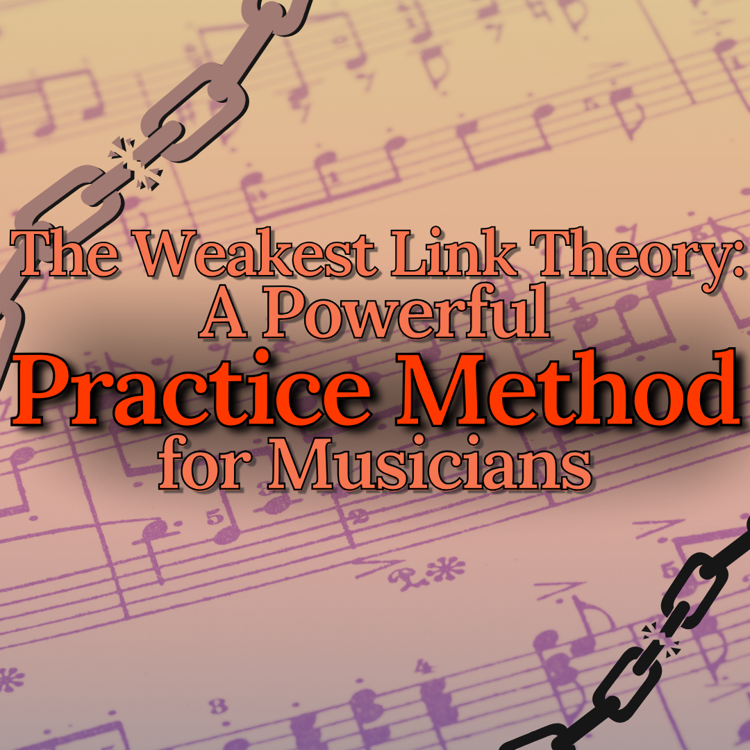 Graphic of broken chain links over sheet music with text 'The Weakest Link Theory: A Powerful Practice Method for Musicians.